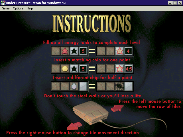 Under Pressure (Windows) screenshot: The first of two instruction screens Doesn't the mouse look old?