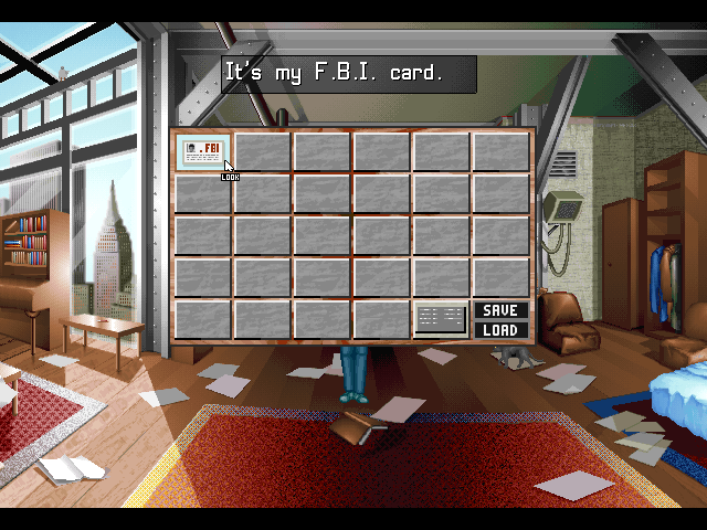 Hopkins FBI (Windows) screenshot: Nothing much in the inventory now. Items can be combined, turned, read etc. in this menu.