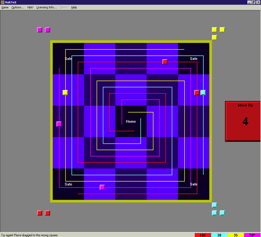 VoRTeX (Windows) screenshot: Here the red player has rolled a four They have used this to advance to a square in the upper right that is occupied by blue The blue token will be removed
