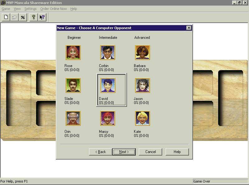 MVP Mancala (Windows) screenshot: The player can choose their opponent from these players. Note there are three skill levels to choose from