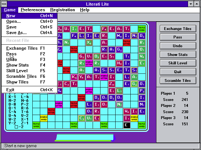 Literati (Windows 3.x) screenshot: Some of the game control functions that can be accessed via the menu bar. The Preferences option lets the player change the music and window size