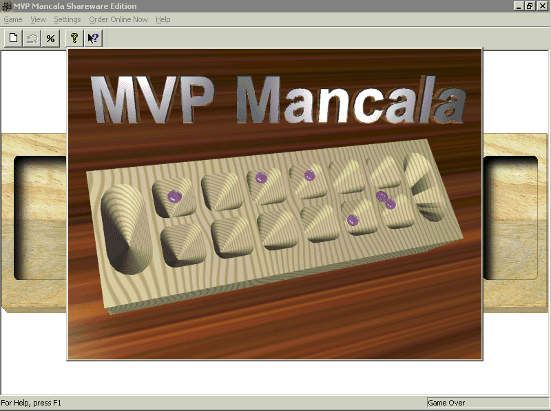 MVP Mancala (Windows) screenshot: The game's second title screen is shown over the game area. This is animated with the stones popping in and out of the pits.