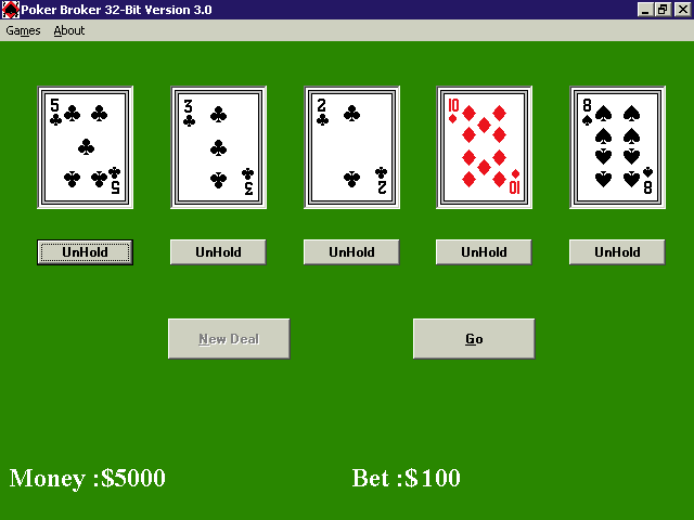 Poker Broker (Windows) screenshot: The Hold/Unhold buttons ate slightly misleading. They show the current state so Unhold means that the card will NOT be retained when the next deal occurrs