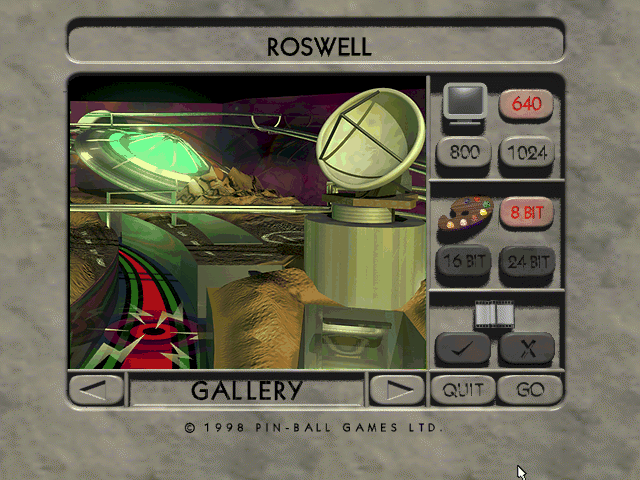 Roswell Pinball (Windows) screenshot: The game's main menu screen This is standard to Pin-Ball Ltd games, see The Avengers for example. The video box in the lower right is non functional because there are no video sequences