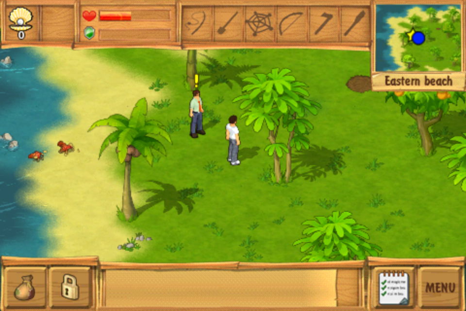 The Island: Castaway (iPhone) screenshot: The yellow explanation point means he wants to talk to me