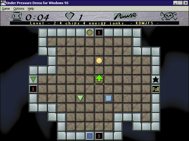 Under Pressure (Windows) screenshot: A game in progress. The red star shape has been placed into the bank on the right. The white circle is heading to the bank at the top