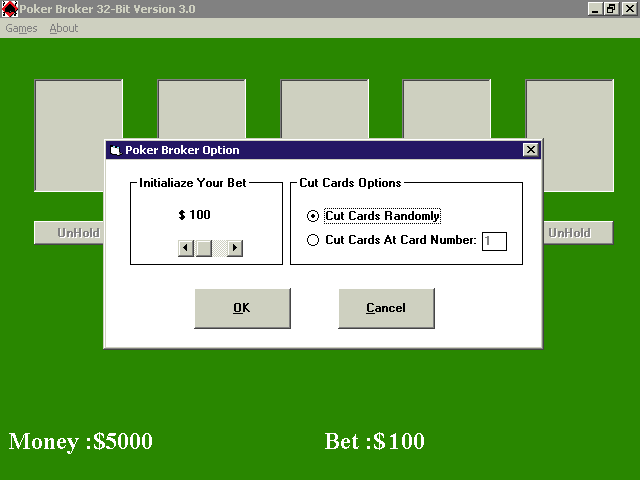 Poker Broker (Windows) screenshot: The game's configuration options Here the default bet can be changed