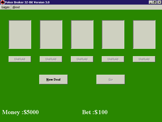 Poker Broker (Windows) screenshot: The start of a game The player has $5000 stake money and the default bet is $100