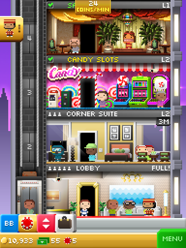 Tiny Tower Vegas (iPad) screenshot: Now I have added another floor, Sahara, which is an upscale restaurant.