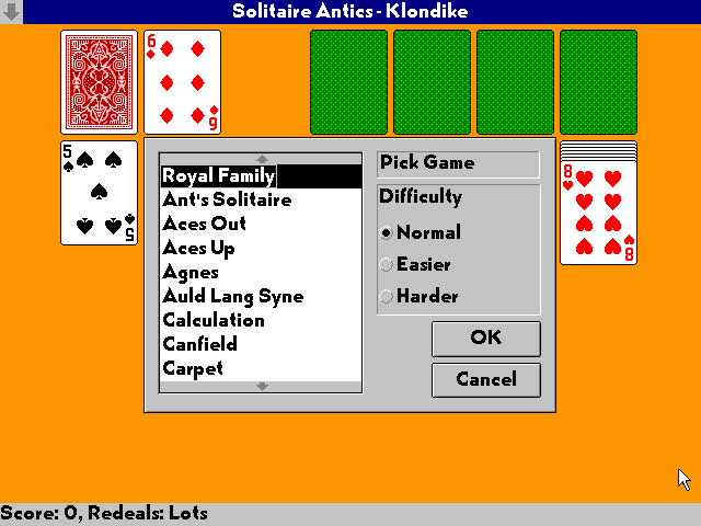 Masque Solitaire Antics (DOS) screenshot: Game selection