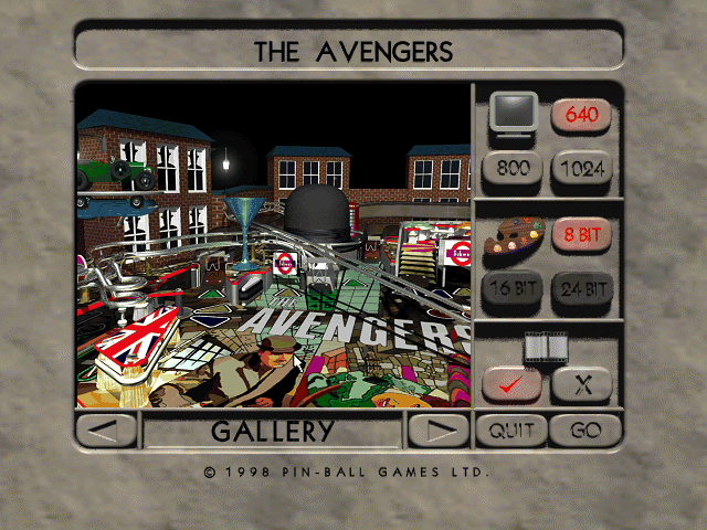 The Avengers Pinball (Windows) screenshot: The game itself starts with a configuration screen where the player selects the graphics options that suit their machine. Video clips can also be disabled if necessary