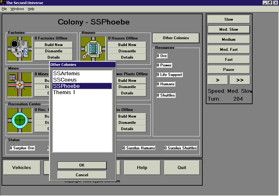 The Second Universe (Windows) screenshot: The planets have been explored The game automatically builds space stations for each planet, hence SSPhoebe is a space station around Phoebe