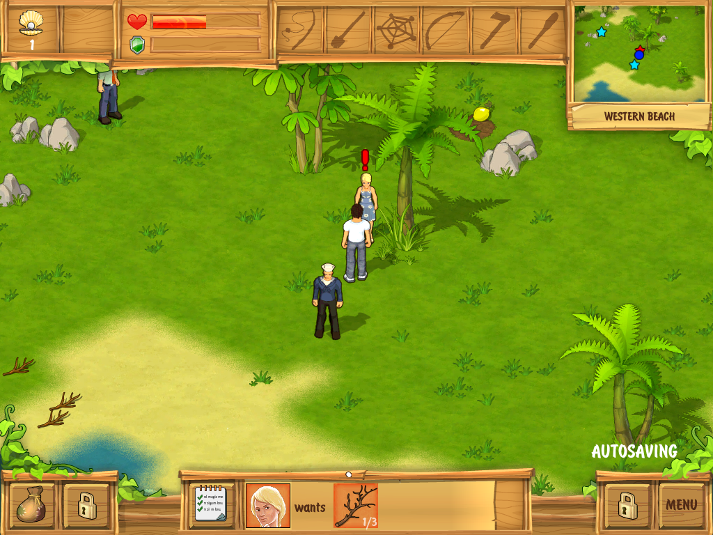 The Island: Castaway (iPad) screenshot: The red explanation point means I have accepted a quest from this person.