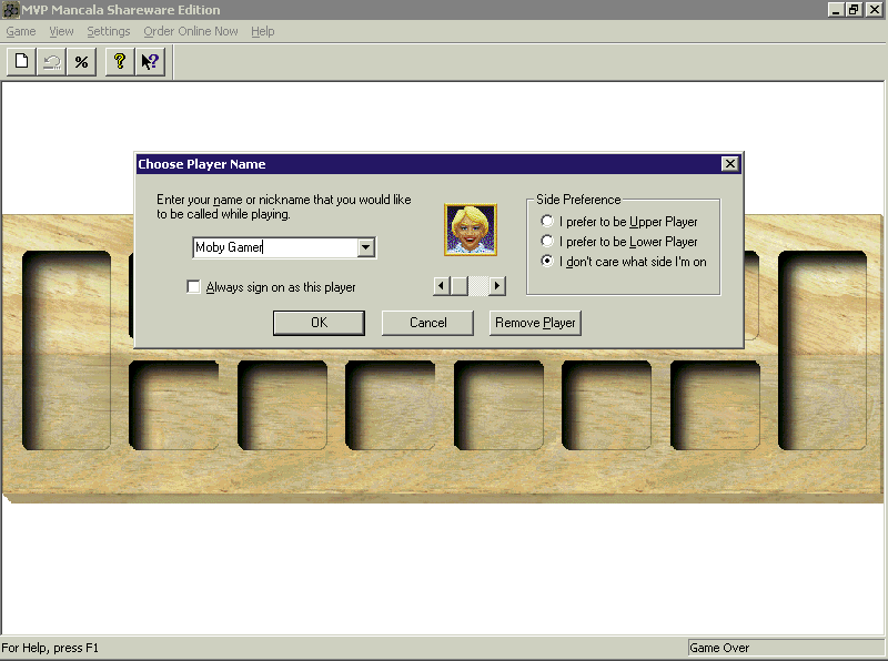 MVP Mancala (Windows) screenshot: Setting up a game This process starts with the player establishing an identity and selecting an appropriate picture