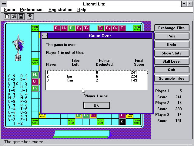 Literati (Windows 3.x) screenshot: Game Over With a bit of creative spelling the human player triumphed