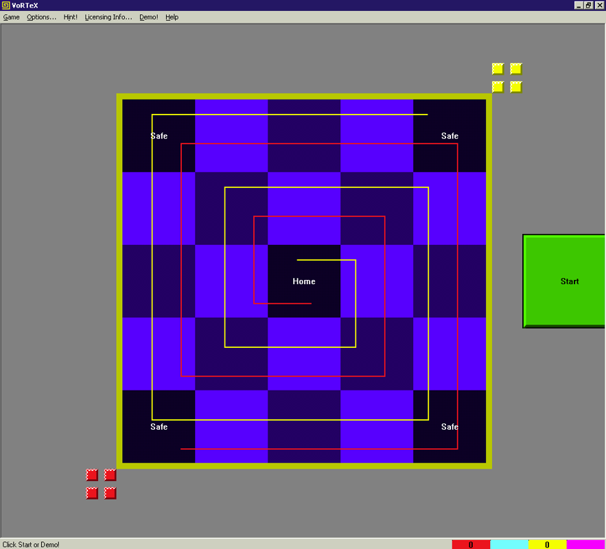 VoRTeX (Windows) screenshot: The start of a two player game Both players have four tokens and start in opposite corners