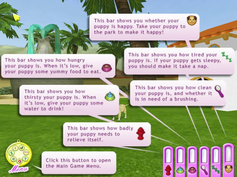 Hollywood Pets (Windows) screenshot: The game explains what all the icons mean.