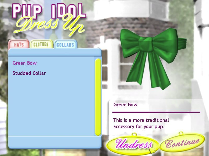 Hollywood Pets (Windows) screenshot: When new accessories are purchased they appear here. Undress is the only option here, it puts things on the dog as well as taking things off