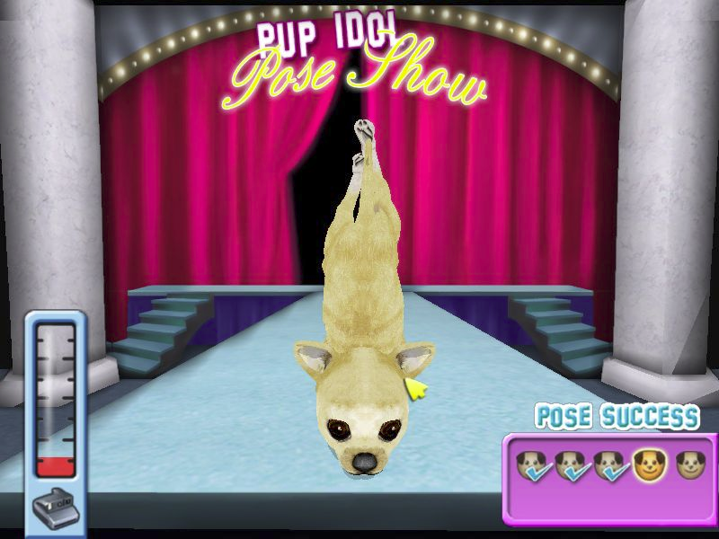 Hollywood Pets (Windows) screenshot: This is how the player earns cash The puppy poses, on the left the red in the status bar fluctuates up and down. The player clicks the mouse when it's at the top to earn maximum cash