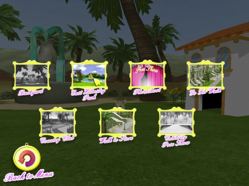 Hollywood Pets (Windows) screenshot: Selecting a location The Country Club and the Celebrity Pose Show are not available at the start of the game