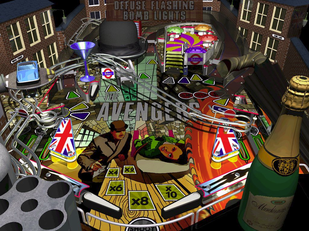 The Avengers Pinball (Windows) screenshot: One of the bonuses is to defuse a Russian bomb by shooting specific flashing ramps The handle of Steeds umbrella, mid right, is also a ramp