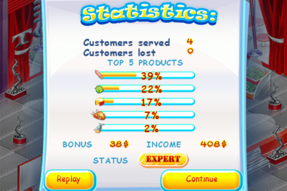 Supermarket Mania (iPhone) screenshot: Statistics