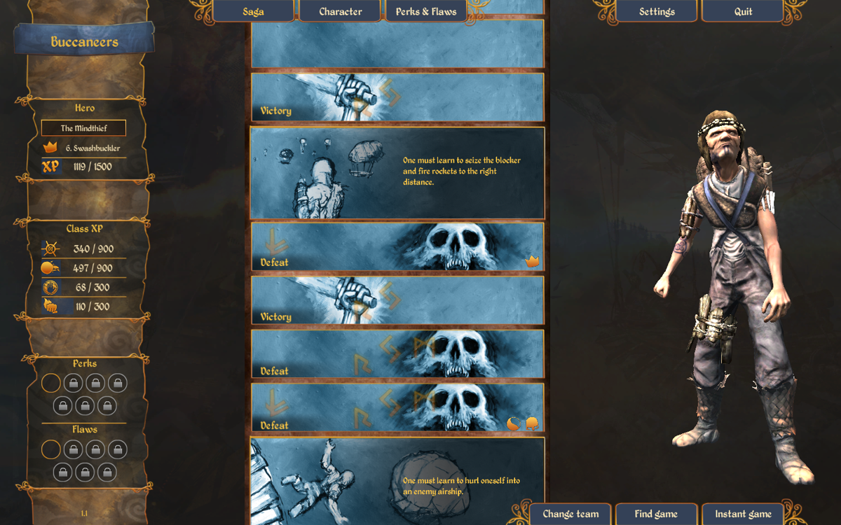 AirBuccaneers (Windows) screenshot: The main menu shows a timeline of past victories and defeats.