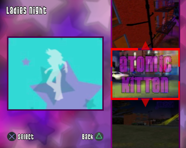 Dance:UK XL Lite (PlayStation 2) screenshot: Tournament Mode After entering the difficulty level and player's names the next step is to select the artist/song This is controlled by the left up/down keys