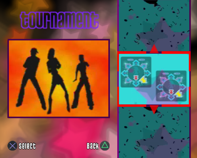 Dance:UK XL Lite (PlayStation 2) screenshot: There are two dance modes, Tournament and Party In Tournament mode two players go head-to-head while in Party mode players take turns