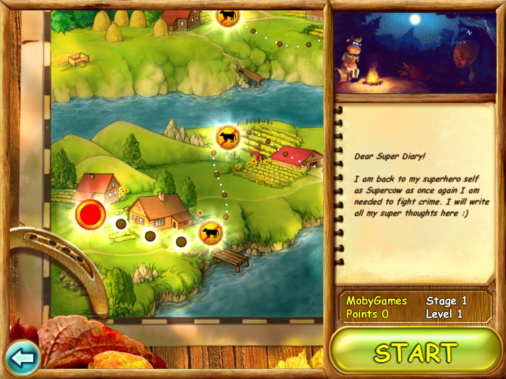 Supercow (iPad) screenshot: The game map and Supercow's diary