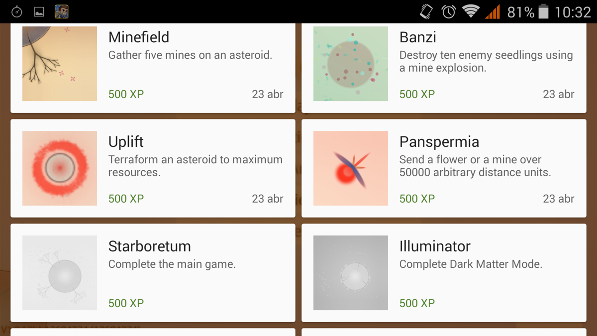 Eufloria HD (Android) screenshot: List of achievements.