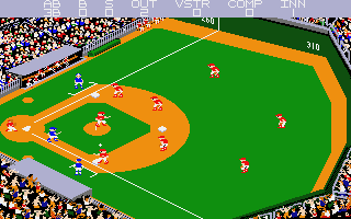 Championship Baseball (Atari ST) screenshot: A hit! running to first base...