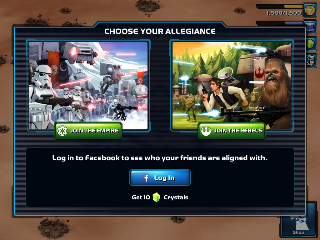 Star Wars: Commander (iPad) screenshot: The Light Side or Dark Side, do you choose?
