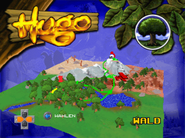 Hugo XL (Windows) screenshot: Map of the world. There are branching paths you can choose from. The goal is to reach the mountain top. There are overall 7 stages.