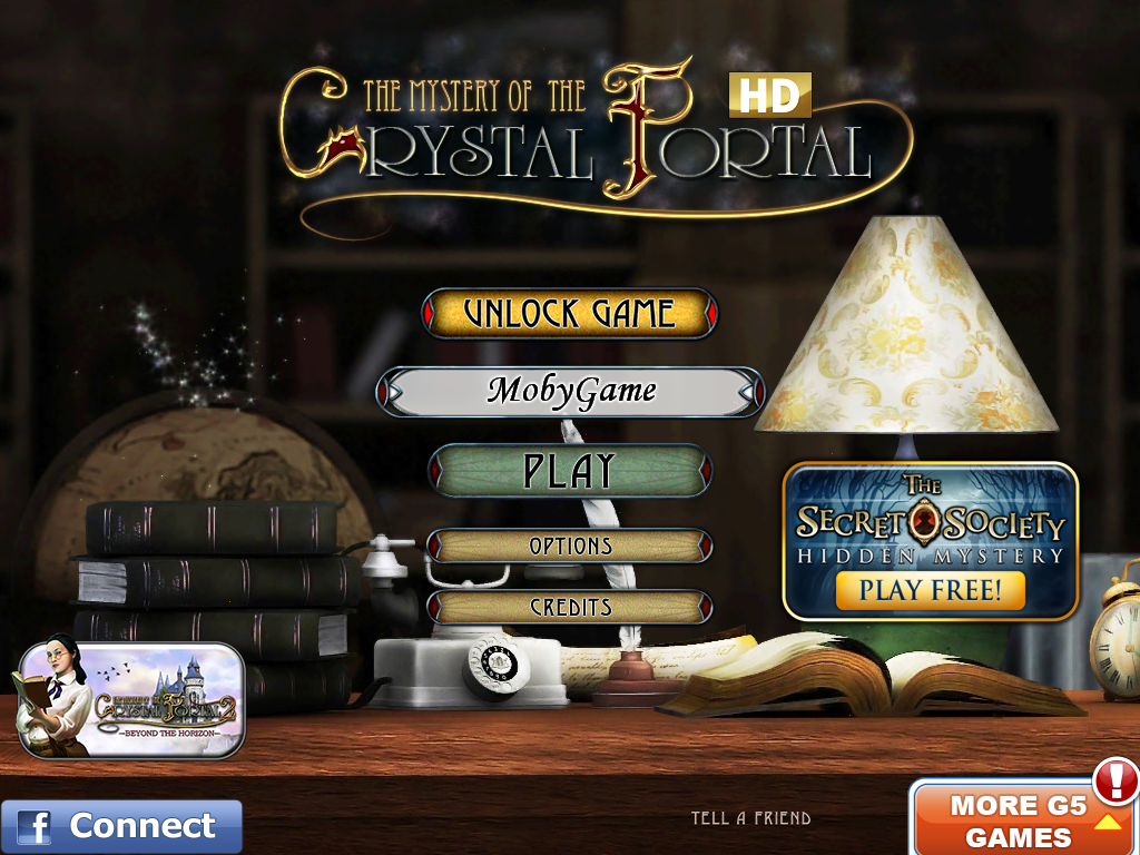 The Mystery of the Crystal Portal (iPad) screenshot: Title and main menu