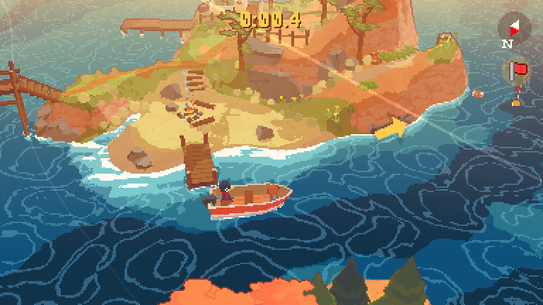 A Short Hike (Windows) screenshot: The boat rental owner's son can also challenge you - if you complete his course in under 2 minutes, you get another golden feather. Too hard for me. :(