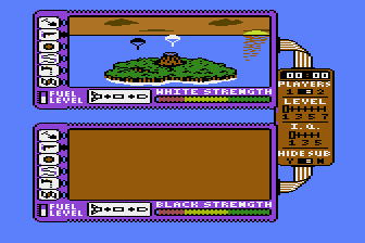 Spy vs. Spy: The Island Caper (Atari 8-bit) screenshot: The spies parachute into the island at the start of the game.