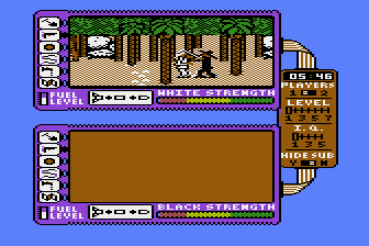 Spy vs. Spy: The Island Caper (Atari 8-bit) screenshot: The spies encounter each other and a sword fight ensues.