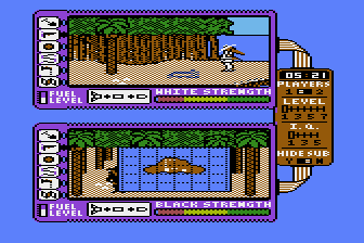 Spy vs. Spy: The Island Caper (Atari 8-bit) screenshot: The black spy consults his map.