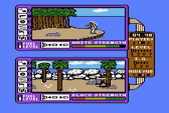 Spy vs. Spy: The Island Caper (Atari 8-bit) screenshot: The black spy has assembled the missile.