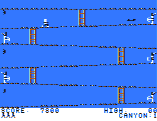 Canyon Climber (TRS-80 CoCo) screenshot: 2nd screen, "Indian Hills" Jump over the arrows, or block them with the vanishing shield