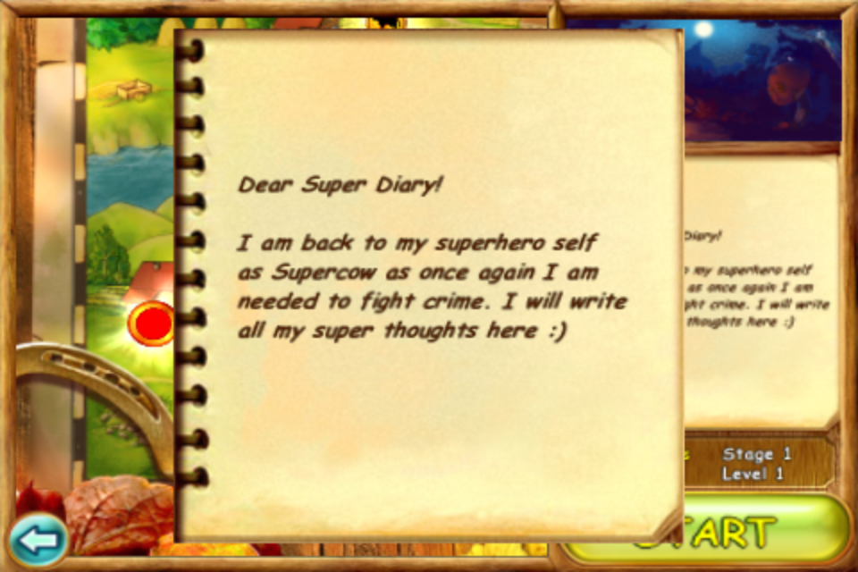 Supercow (iPhone) screenshot: The game map and Supercow's diary