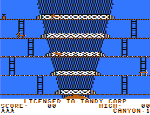 Canyon Climber (TRS-80 CoCo) screenshot: "Wrong" color set. In some graphic modes, the CoCo 1 and 2 would switch red and blue at startup. To get the right colors, you had to reset or restart the computer until you got the right ones.
