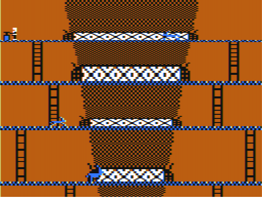 Canyon Climber (TRS-80 CoCo) screenshot: 1st screen, blowing the bridges!