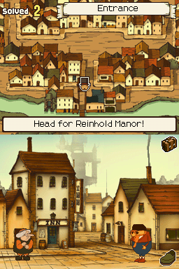Professor Layton and the Curious Village (Nintendo DS) screenshot: Game's hub might remind most players of a point and click adventure.