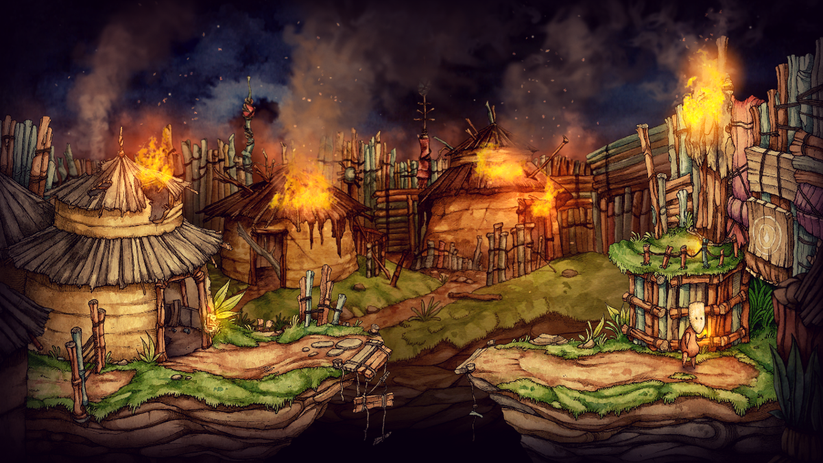 Candle (Windows) screenshot: The opening scene - Teku escapes from the burning village.