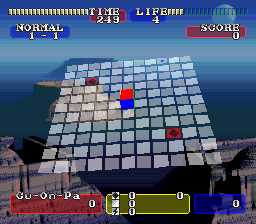 Cu-On-Pa SFC (SNES) screenshot: The first level. Squares with black diamonds on them must be collected; blank squares are just there to get in your way.
