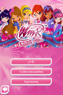 Winx Club: Saving Alfea (Nintendo DS) screenshot: Title screen / Main menu (Spanish)