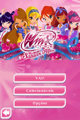 Winx Club: Saving Alfea (Nintendo DS) screenshot: Title screen / Main menu (Portuguese)