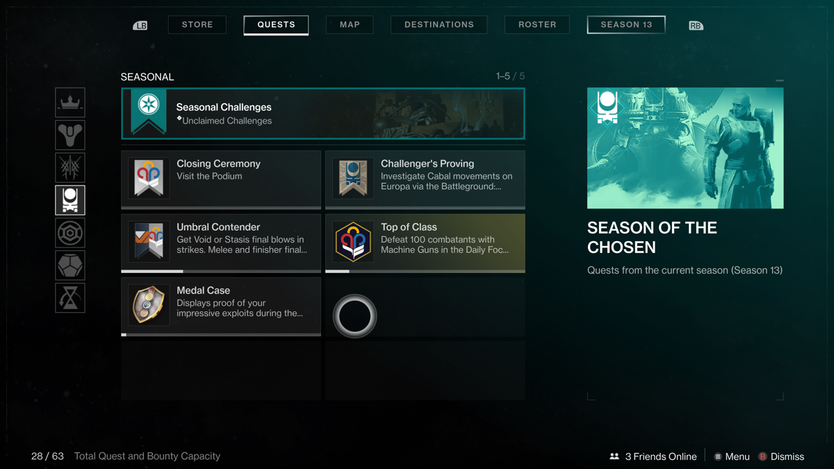 Destiny 2: Season of the Chosen Silver Bundle (Xbox One) screenshot: Season 13 quest menu